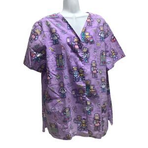 Womans SIMPLY BASIC Scrub ROBOTS Short‎ Sleeve Snap Buttons Purple Pink